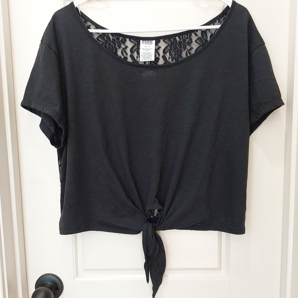 NWT Victoria’s Secret PINK Tie Front Lace Crop Top Medium Black